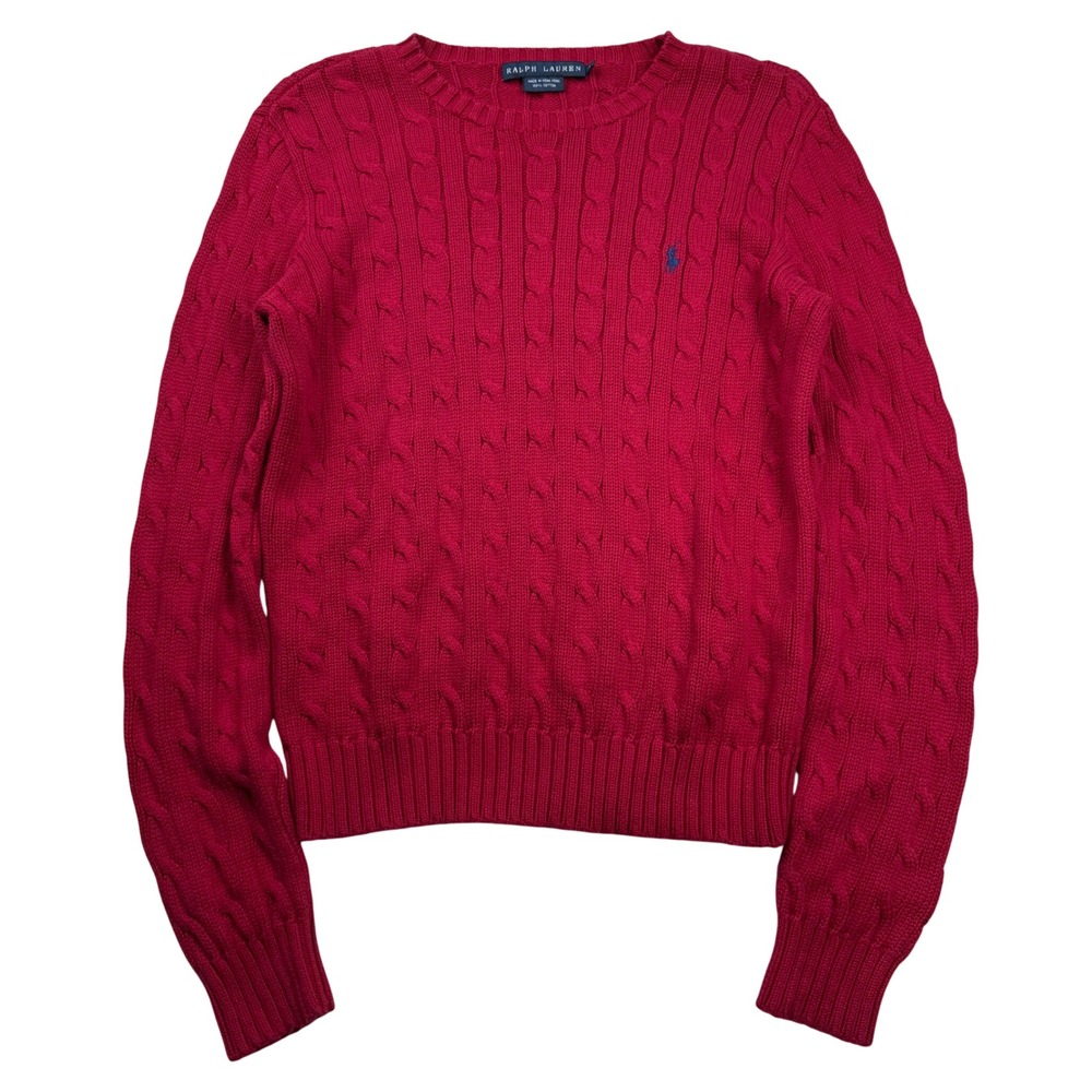 Ralph Lauren Red Cable Knit Cotton Sweater Crewneck Blue Pony Logo Medium Preppy
